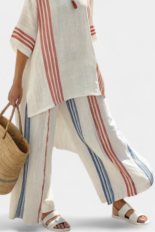 Ludovica – top a righe multicolore sofisticato e pantaloni mediterranei