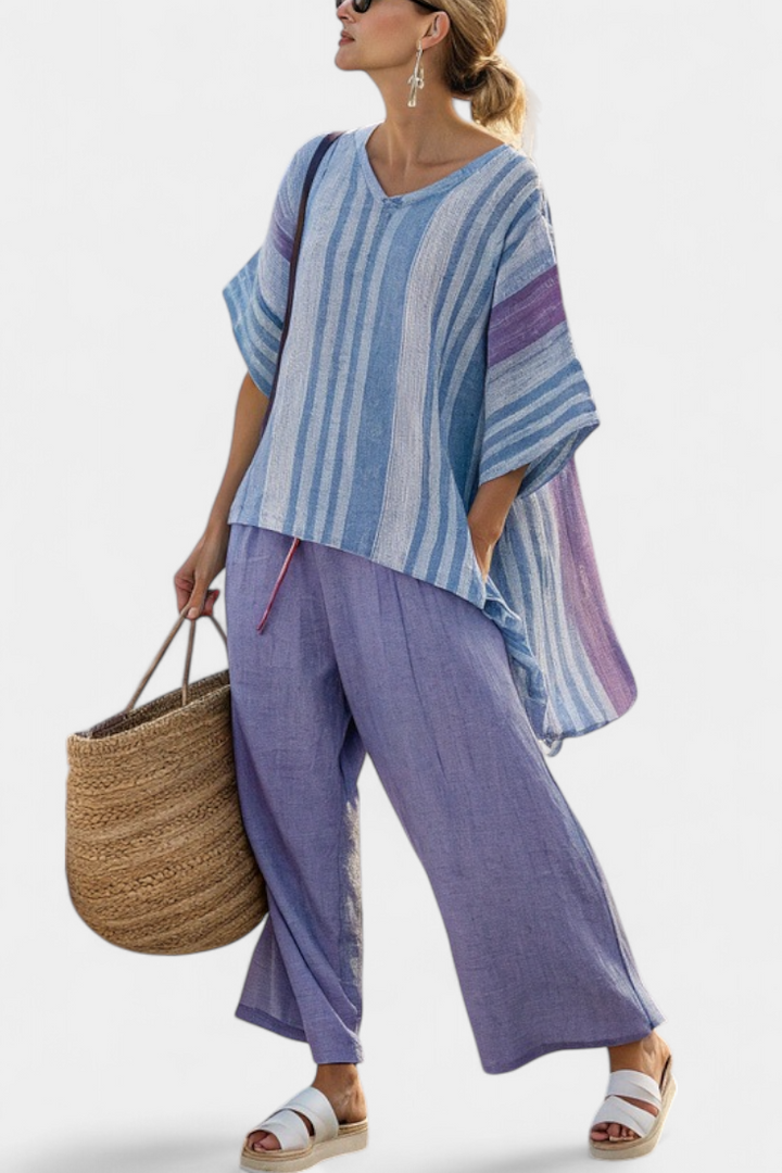Carlotta – top elegante lavanda e azzurro cielo e pantaloni in lino